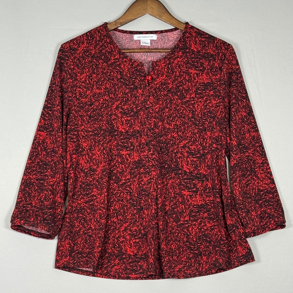 Liz Claiborne Blouse Women Large Red Black NWOT Y2K Abstract 3/4 Sleeve Top